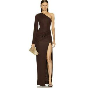 Michael Costello Jacira Brown Gown 1 Shoulder Wide Sleeve Jersey Maxi Dress NWT